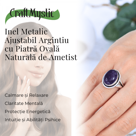 Inel Ajustabil Argintiu cu Ametist Natural, pentru echilibru si claritate [3]
