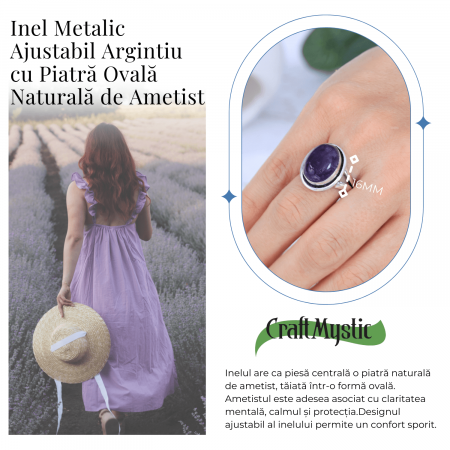 Inel Ajustabil Argintiu cu Ametist Natural, pentru echilibru si claritate [2]