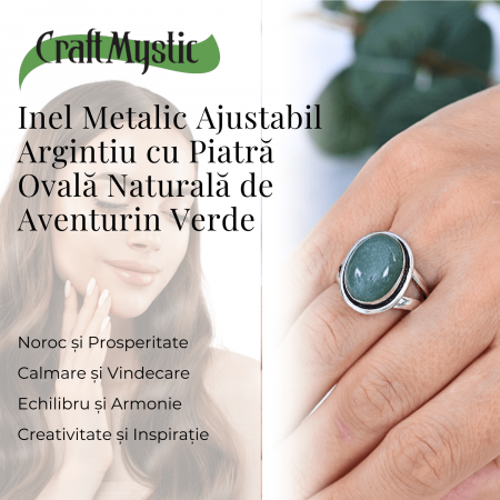 Inel Ajustabil Argintiu cu Aventurin Verde natural oval, pentru noroc si echilibru [2]