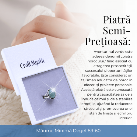 Inel Ajustabil Argintiu cu Aventurin Verde natural oval, pentru noroc si echilibru [5]