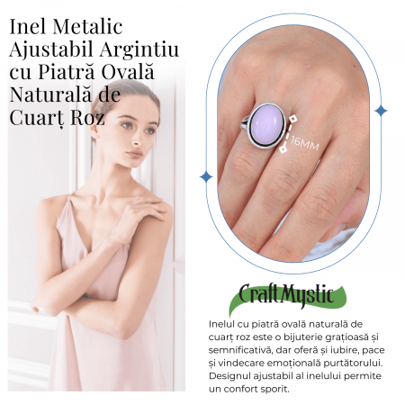 Inel Ajustabil Argintiu cu Cuart Roz natural oval, pentru iubire si armonie [3]