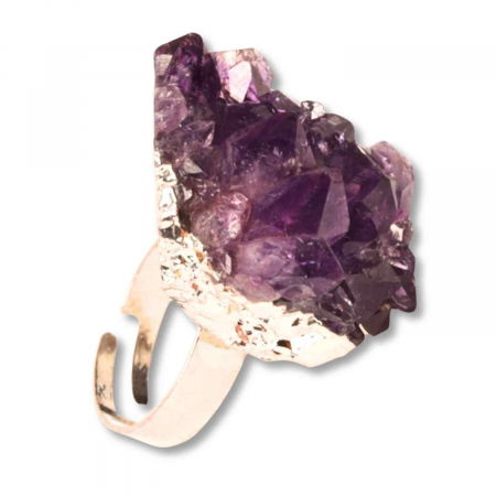 Ametist - Inel ajustabil argintiu cu piatra naturala cluster Ametist