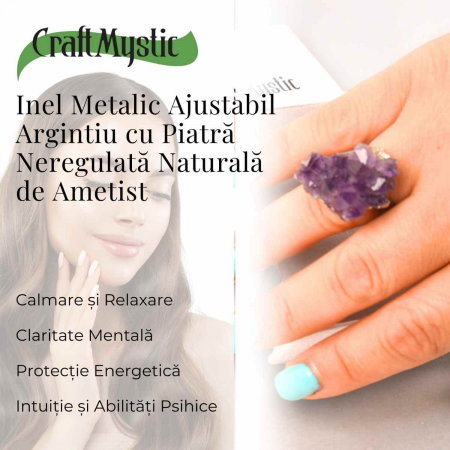 Inel ajustabil argintiu cu piatra naturala cluster Ametist [2]