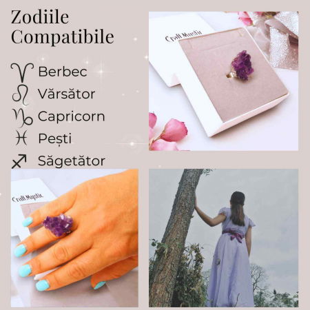 Inel ajustabil argintiu cu piatra naturala cluster Ametist [4]