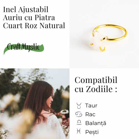 Inel Ajustabil Auriu cu Cuart Roz Brut pentru Echilibru Emotional [4]