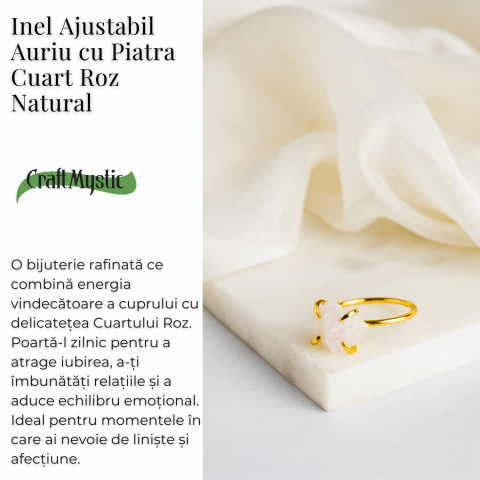 Inel Ajustabil Auriu cu Cuart Roz Brut pentru Echilibru Emotional [2]