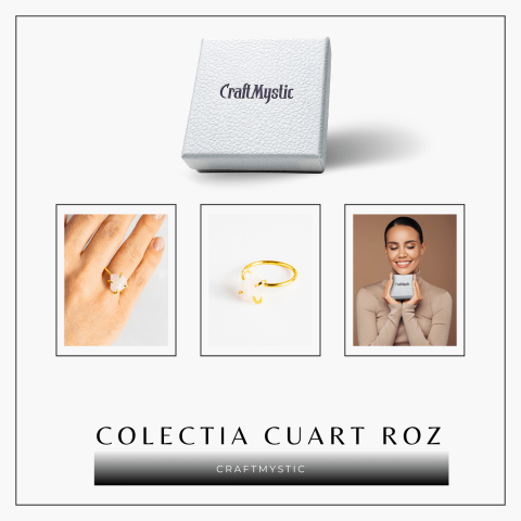 Inel Ajustabil Auriu cu Cuart Roz Brut pentru Echilibru Emotional [6]