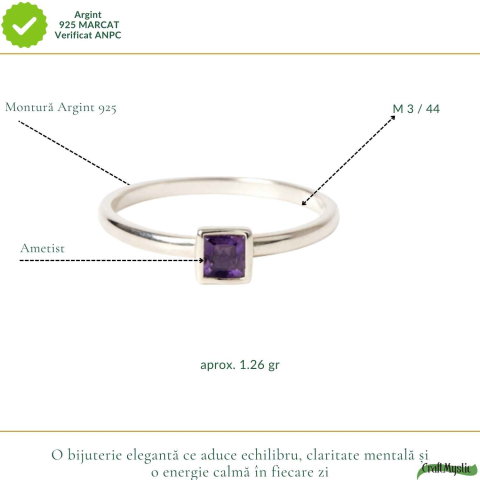 Inel Argint 925 cu Ametist Natural Patrat Fatetat – Claritate si Echilibru Interior [3]