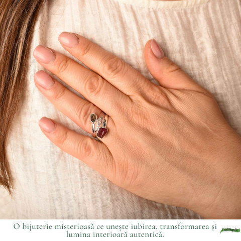 Inel Argint 925 cu Moldavit, Turmalina Roz si Herkimer – Transformare si Echilibru [1]