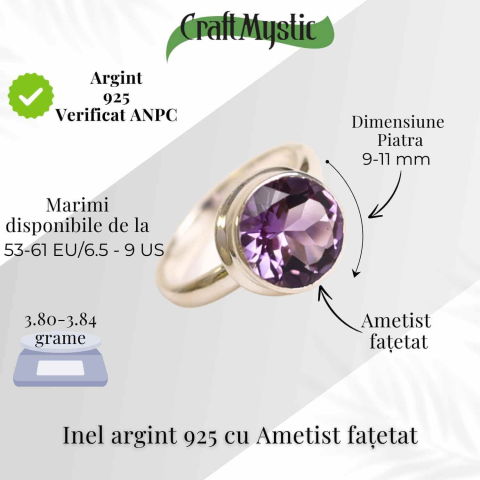 Inel Argint 925 cu Ametist Fatetat Rotund - Armonie si Claritate Spirituala [4]