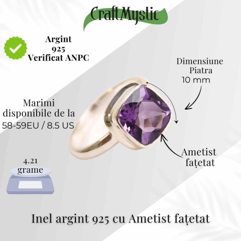 Inel Argint 925 cu Ametist Fatetat Patrat – Echilibru si Claritate Spirituala [4]