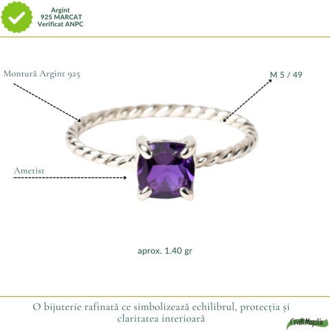 Inel Argint 925 Rasucit cu Ametist Natural Patrat Fatetat – Echilibru ai Claritate [3]