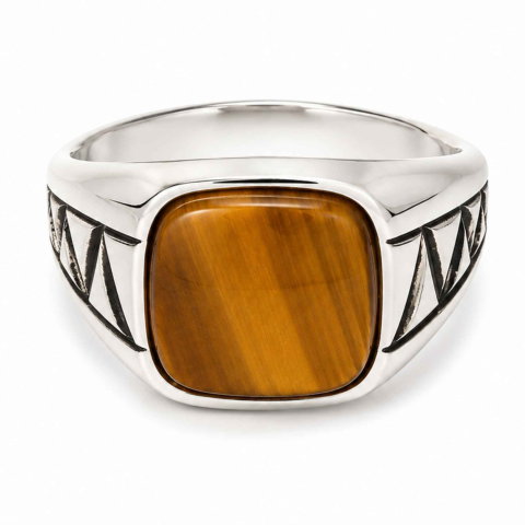 Cristale pentru zodii - Inel Barbatesc Argint 925 cu Ochi de Tigru Patrat – Curaj si Protectie