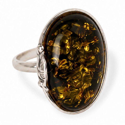 Gemeni - Inel Argint 925 cu Chihlimbar Verde Oval – Echilibru si Eleganta Naturala