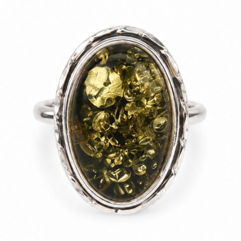 Gemeni - Inel Argint 925 cu Chihlimbar Verde Oval – Energie Naturala si Eleganta Statement