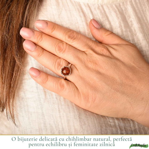 Inel Argint 925 cu Chihlimbar Coniac Rotund – Energie Calda si Eleganta Naturala [1]