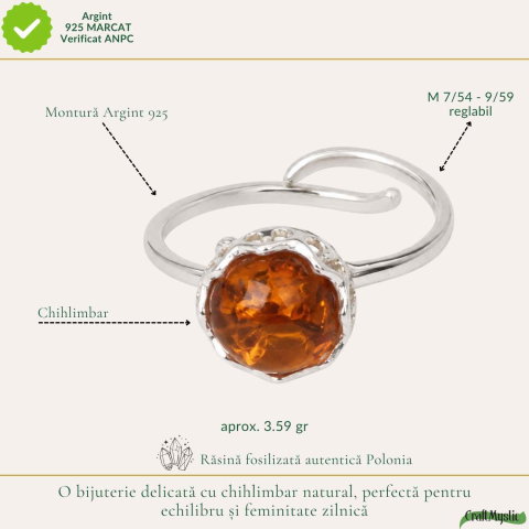 Inel Argint 925 cu Chihlimbar Coniac Rotund – Energie Calda si Eleganta Naturala [3]