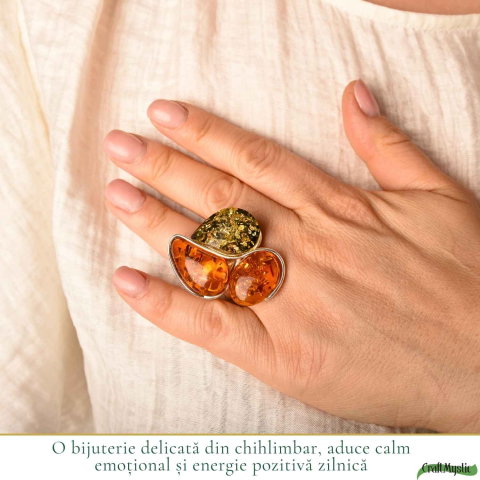 Inel Argint 925 cu Chihlimbar Coniac si Verde Floare – Caldura si Feminitate Naturala [1]