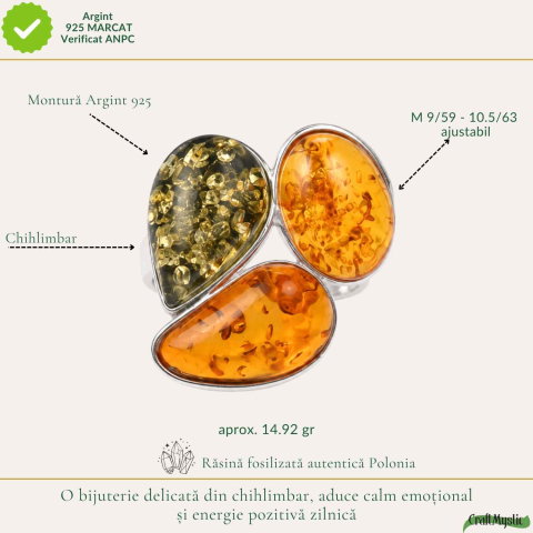Inel Argint 925 cu Chihlimbar Coniac si Verde Floare – Caldura si Feminitate Naturala [3]
