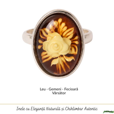 Inel Argint 925 cu Chihlimbar Verde Oval si Trandafir sculptat– Eleganta si Energie Naturala [3]