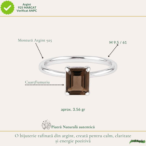 Inel Argint 925 cu Cuart Fumuriu Fatetat Dreptunghi – Protectie si Stabilitate [3]