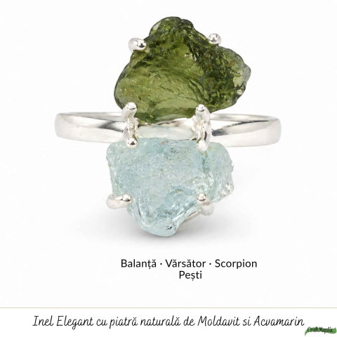 Inel argint 925 cu Moldavit si Acvamarin neuniform, M8/56.5 – transformare si claritate [4]