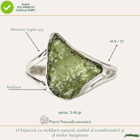 Inel Argint 925 cu Moldavit Natural Brut, M8/57– Energie Inalta si Transformare Spirituala [3]