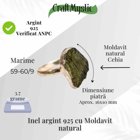 Inel argint 925 cu Moldavit natural brut – Bijuterie rara, piatra transformarii [1]