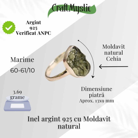 Inel argint 925 cu Moldavit natural brut – Bijuterie rara, talisman cosmic [1]