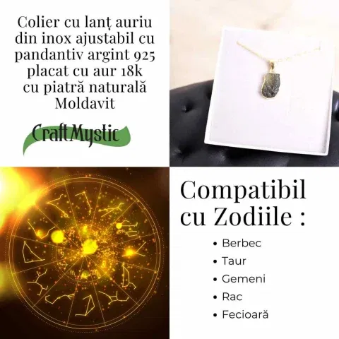 Colier cu lant de inox aurit si pandantiv montura argint 925, placat cu aur 18 k si Moldavit natural, 2.55 gr – Protectie si transformare [3]