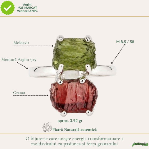 Inel argint 925 cu Moldavit si Granat neuniform, M8.5/58 – curaj si transformare [3]