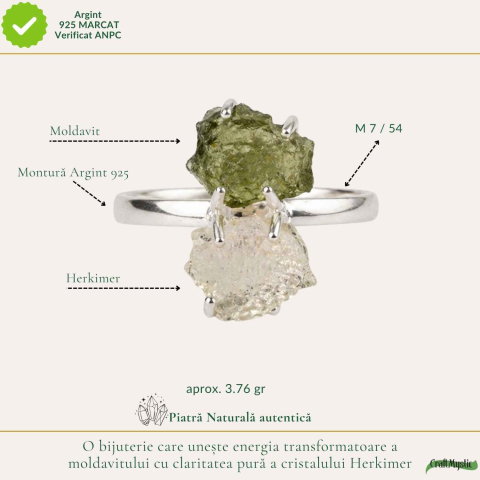 Inel argint 925 cu Moldavit si Herkimer, M7/54 – claritate si transformare profunda [3]