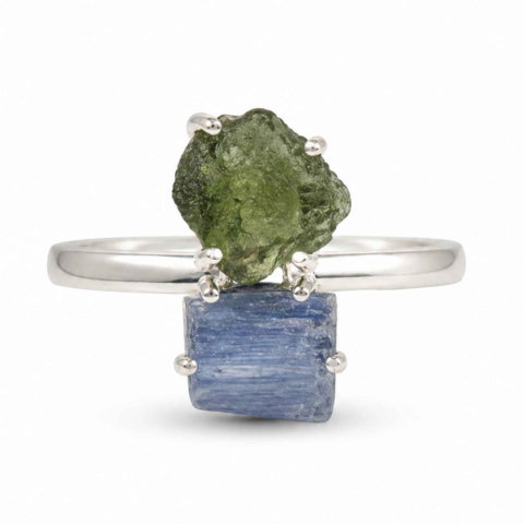 Bijuterii Semiprețioase - Inel argint 925 cu Moldavit si Kianit albastru, M 6.5/53 – claritate si transformare