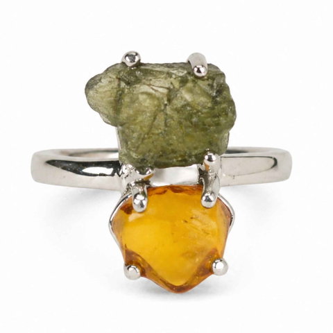 Bijuterii Semiprețioase - Inel argint 925 cu Moldavit si Chihlimbar – echilibru si energie calda