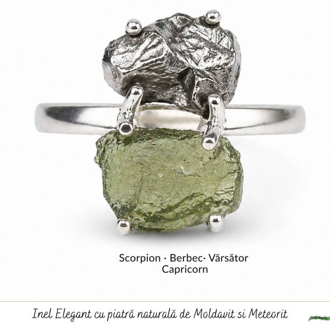 Inel argint 925 cu Moldavit si Meteorit – energie cosmica si transformare [4]