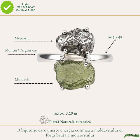 Inel argint 925 cu Moldavit si Meteorit – energie cosmica si transformare [3]