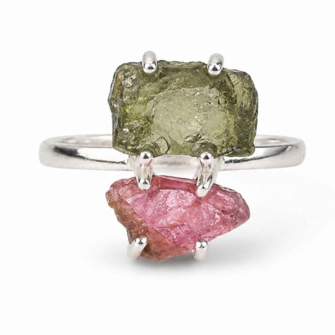 Bijuterii Semiprețioase - Inel argint 925 cu Moldavit si Turmalina Roz, M6/51.5 – iubire si transformare