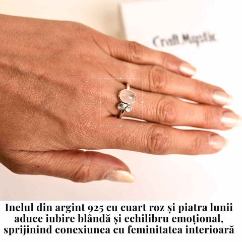 Inel argint 925 cu Cuart Roz si Piatra Lunii – Armonie si Iubire Divina [1]