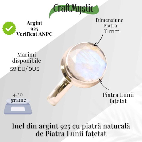 Inel Argint 925 cu Piatra Lunii Fatetata Rotunda – Claritate Emotionala si Energie Feminina [4]
