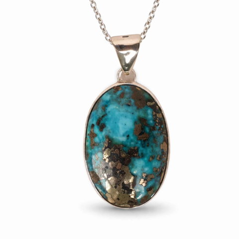 Taur - Colier argint 925 cu Turcoaz si Pirita oval – Protectie si incredere interioara