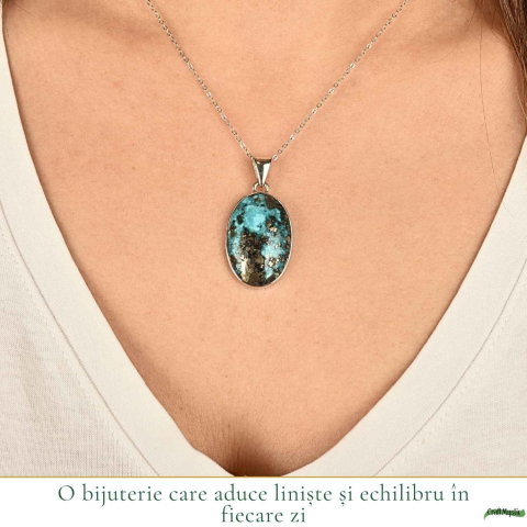 Colier argint 925 cu Turcoaz si Pirita oval – Protectie si incredere interioara [1]