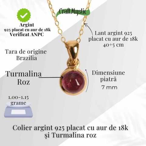 Colier Argint 925 Placat cu Aur 18K si Turmalina Roz Naturala – Iubire, Vindecare si Energie a Inimii [3]