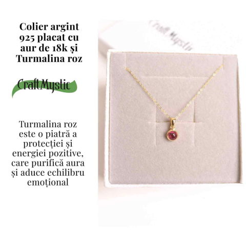 Colier Argint 925 Placat cu Aur 18K si Turmalina Roz Naturala – Iubire, Vindecare si Energie a Inimii [2]