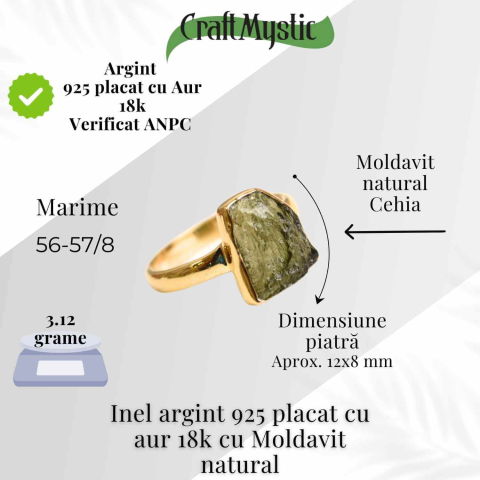 Inel argint 925 placat aur 18k cu Moldavit natural brut – Bijuterie rara cu piatra transformarii [1]