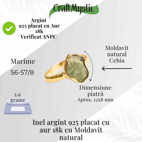 Inel argint 925 placat aur 18k cu Moldavit natural brut – Bijuterie rara cu piatra transformarii [1]
