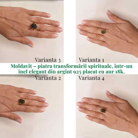 Inel argint 925 placat aur 18k cu Moldavit natural brut – Bijuterie rara cu piatra transformarii [2]