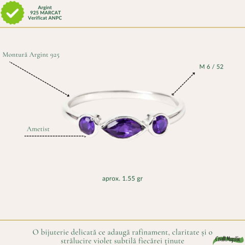 Inel Argint 925 cu 3 Pietre Ametist Natural Fatetat – Calm si Claritate Interioara [2]