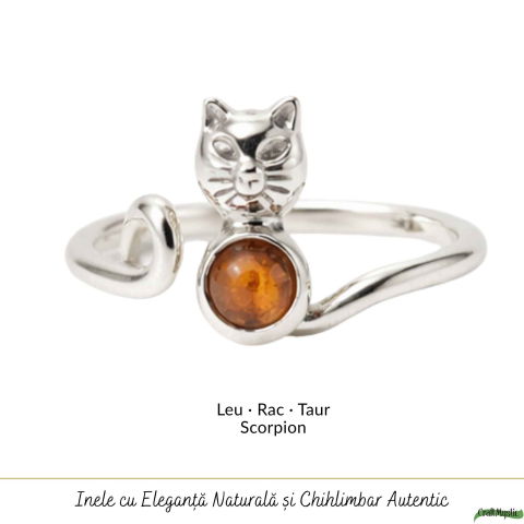 Inel Argint 925 cu Pisica si Chihlimbar Natural – Delicatețe, Intuitie si Energie Calda [4]