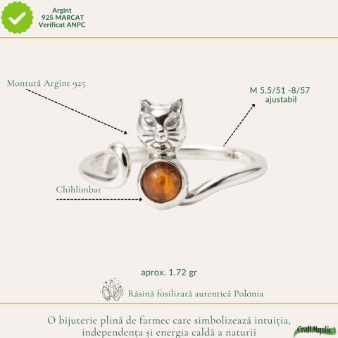 Inel Argint 925 cu Pisica si Chihlimbar Natural – Delicatețe, Intuitie si Energie Calda [3]