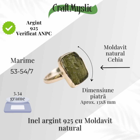 Inel argint 925 cu Moldavit natural brut Marime 53-54 (EU) / 7 (US) – Piatra transformarii spirituale [1]
